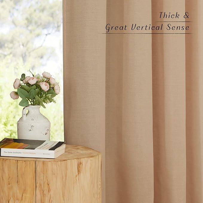 NICETOWN Flax Camel Linen Curtains for Room Divider, Grommet Top Thick Flax Semi Sheer Vertical Drapes Privacy Assured with Light Filtering for Sliding Glass Door, W68 x L84, 2 Pieces