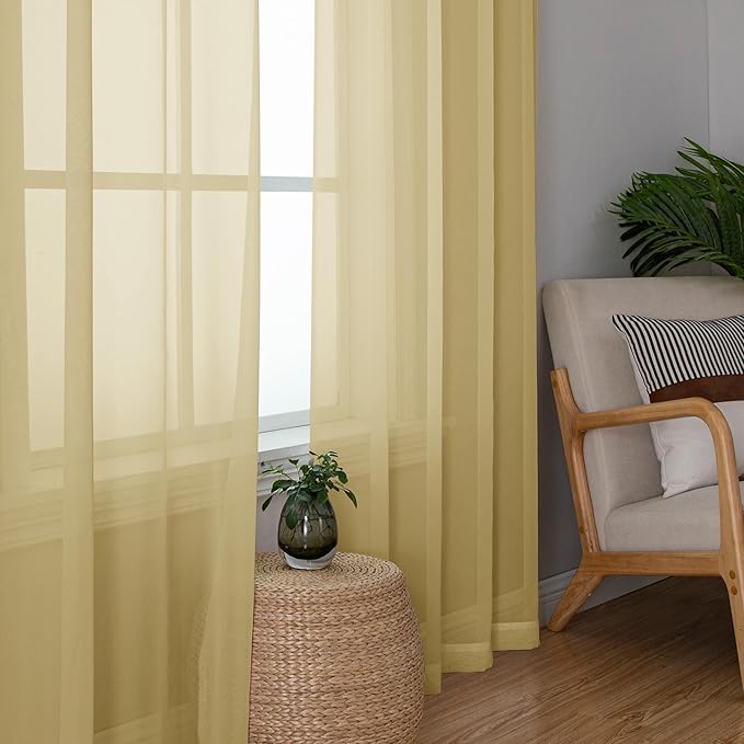 Simplebrand Gold Sheer Curtains 120 Inches Long, Extra Long Rod Pocket Solid Color Window Sheer Curtain Panels, Elegant Curtains & Drapes for Living Room, Bedroom 2 Panels (Gold, 59" W x 120" L)