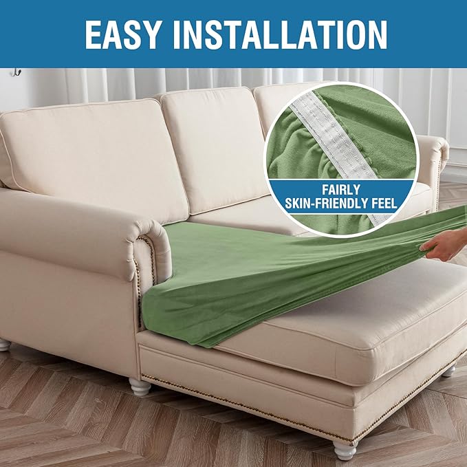 Couch Cover Velvet Chaise Cushion Cover for Sectional Sofas - Elastic L-Shaped Sofa Seat Covers Washable, Slipcover Protector (1-Piece, Avocado Green)