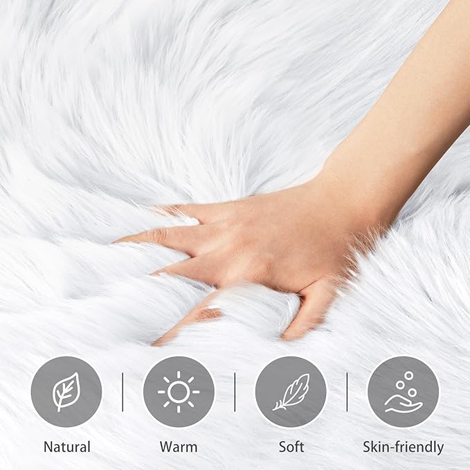 Ciicool Faux Fur Rug for Bedroom, White Fluffy Shag Rugs for Sofa Couch Seat Cushion, Washable Fuzzy Runner Thick Fur Area Rug Floor Carpets for Bedside Living Room, 2x6 Ft Rectangle