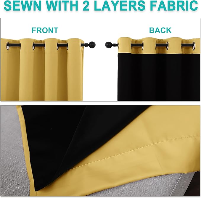 NICETOWN Full Shading Curtains 90 inches Long 2 Panels Set for Windows, Super Heavy-Duty Black Lined Blackout Curtains for Bedroom, Privacy Assured Window Treatment (Bright Yellow, Pack of 2, 52" W)