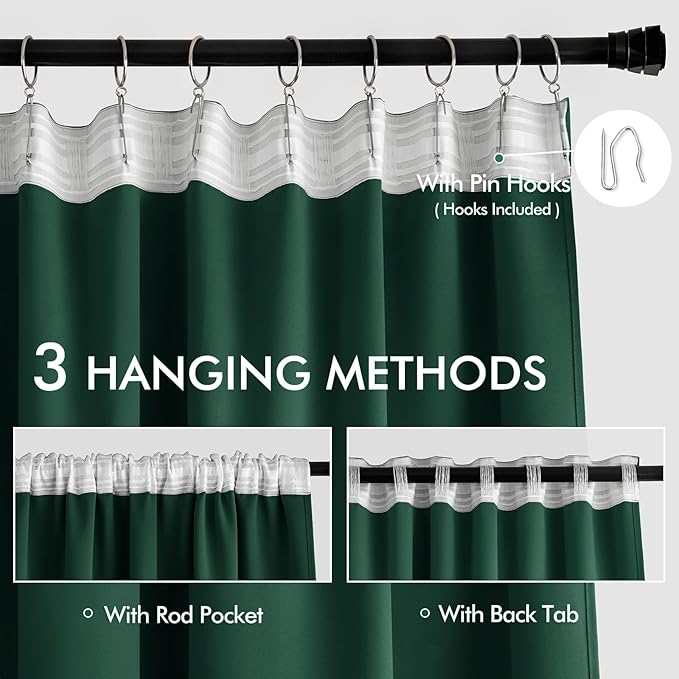 MIULEE Christmas Hunter Green Back Tab Blackout Curtains 102 Inch Long 2 Panels Set for Living Room Bedroom, Rod Pocket/Pinch Pleated Thermal Insulated Room Darkening Floor to Ceiling Window Drapes