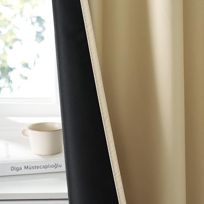 RYB HOME Bedroom Blackout Curtains 63 inches Long, 100% Blackout Thermal Insulated Noise Reducing Curtains for Living Room Nursury, 62 inches Wide by 63 inches Long, Biscotti Beige