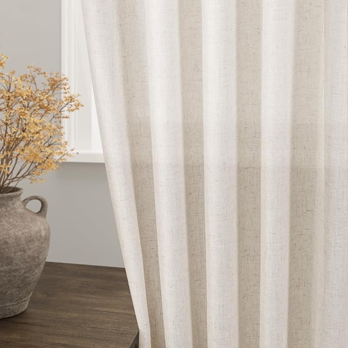 Beige Linen Textured Curtains 2 Panels Set 60 Inches Long for Living Room Bedroom Short Semi Sheer Light Filtering Back Tab Rod Pocket Drapes Half Privacy Protected Curtain for Farmhouse W52xL60
