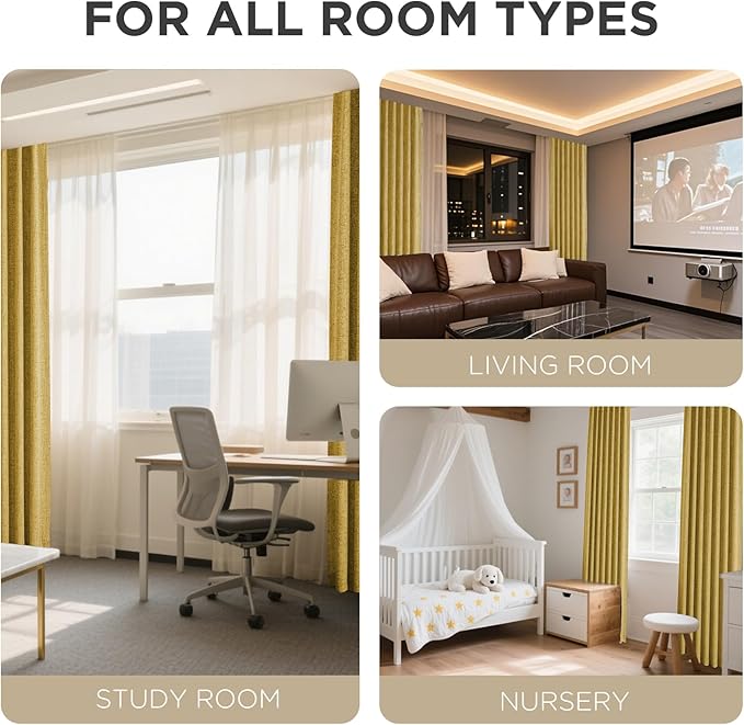 Joydeco Linen Blackout Curtains for Bedroom - 100% Light Blocking 1 Panels, Yellow Drapes 70" W x 108" L, Thermal Insulated Room Darkening Curtains for Living Room, Rod Pocket & Back Tabs