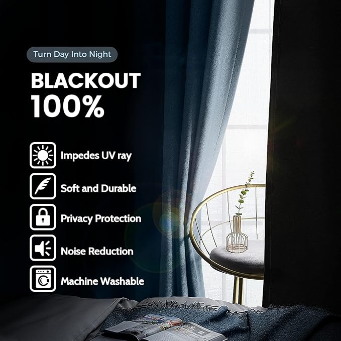 SimpleHome 100% Blackout Curtains for Bedroom,Thermal Insulated Stone Blue Grommet Window Drapes Room Darkening Curtains for Living Room with Black Back,52 x 72 Inch,2 Panels
