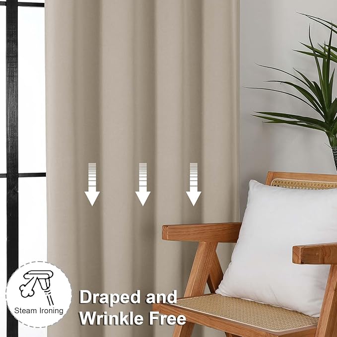 Simplebrand Ava Biscotti Beige Blackout Curtains for Bedroom 63 Inch Length 2 Panels Set, Solid Thermal Insulated Energy Saving Rod Pocket Window Treatment Curtains Blackout Drapes, W40 x L63 Inch