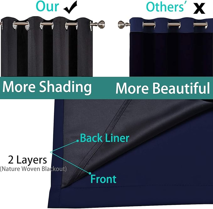 Yakamok 100% Blackout Curtains with Black Lined Thermal Insulated Room Darkening Curtains for Living Room(52Wx96L, Navy Blue, 2 Panels)