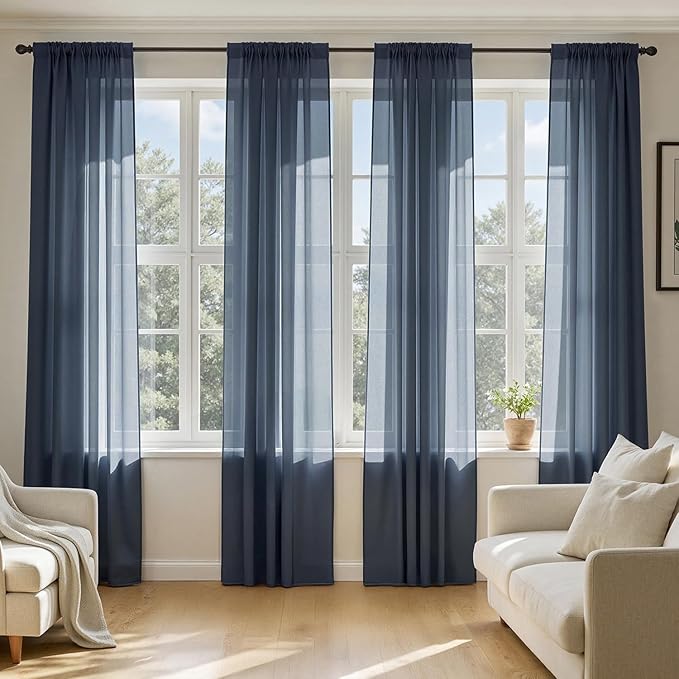 MIULEE Navy Blue Sheer Curtains 90 Inches Long, 4 Panels Set, Light Filtering Rod Pocket Voile Drapes Window Treatments, Semi Transparent Airy Fabric for Bedroom and Living Room, 42 x 90 Inches
