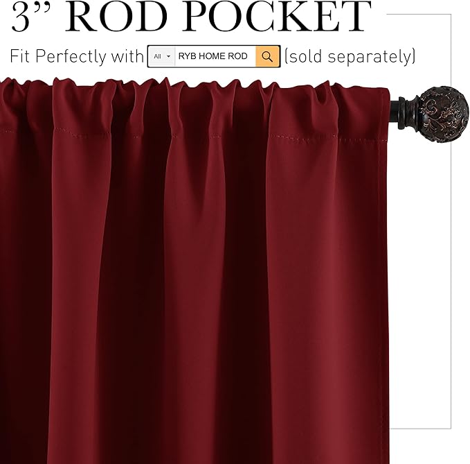 RYB HOME Blackout Curtains for Bedroom Living Room 72 inches Long, Thermal Insulated Privacy Rod Pocket Drapes for Nursery Office Home Theater, Width 42 by Length 72, Burgundy Red, 2 Panels