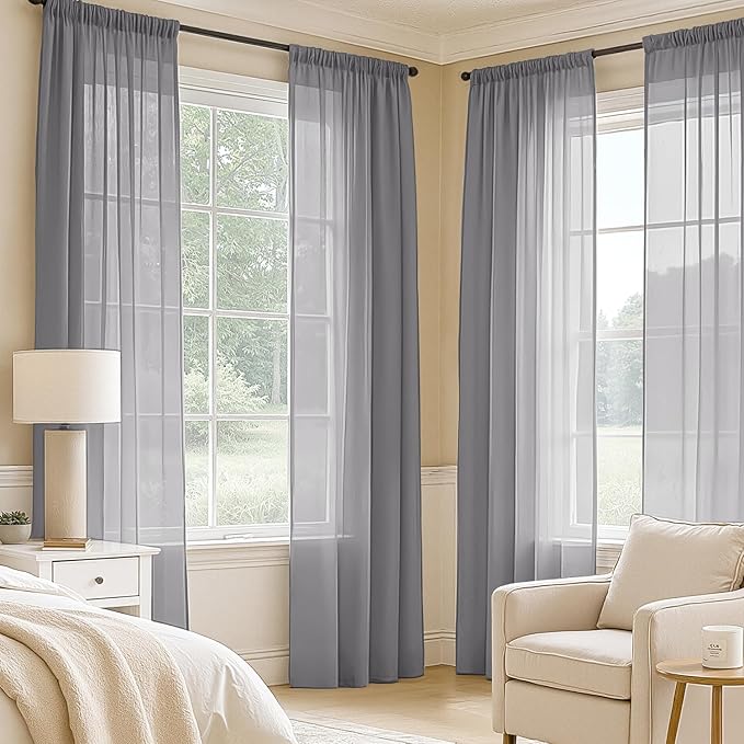 MIULEE Dark Grey Sheer Curtains 108 Inches Long, 4 Panels Set, Rod Pocket Light Filtering Window Drapes for Bedroom and Living Room, Elegant Airy Fabric, 42 x 108 Inches