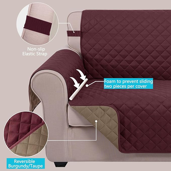 U-NICE HOME 4 Seater Sofa Cover 91 Inch Large Couch Covers for 4 Cushion Couch with Elastic Straps Water Resistant Furniture Protector Cover for Pets Cat (Sofa XX-Large, Burgundy/Tan)