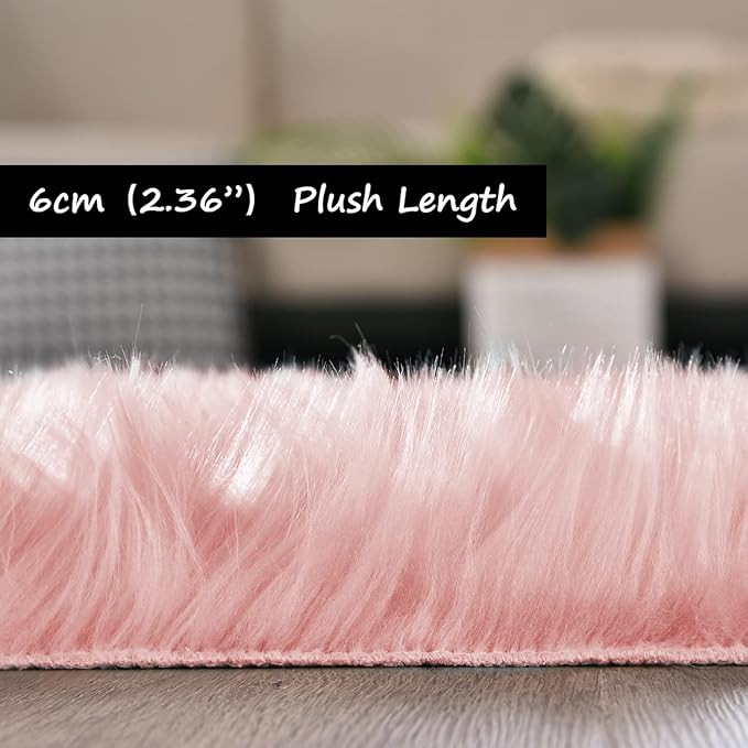 Goolela Pink Fluffy Fur Rug Fuzzy Furry Faux Sheepskin Pink Carpet 2x3 for Girls Bedroom Bedside Playroom Small Decor Cute Plush Washable Rectangle