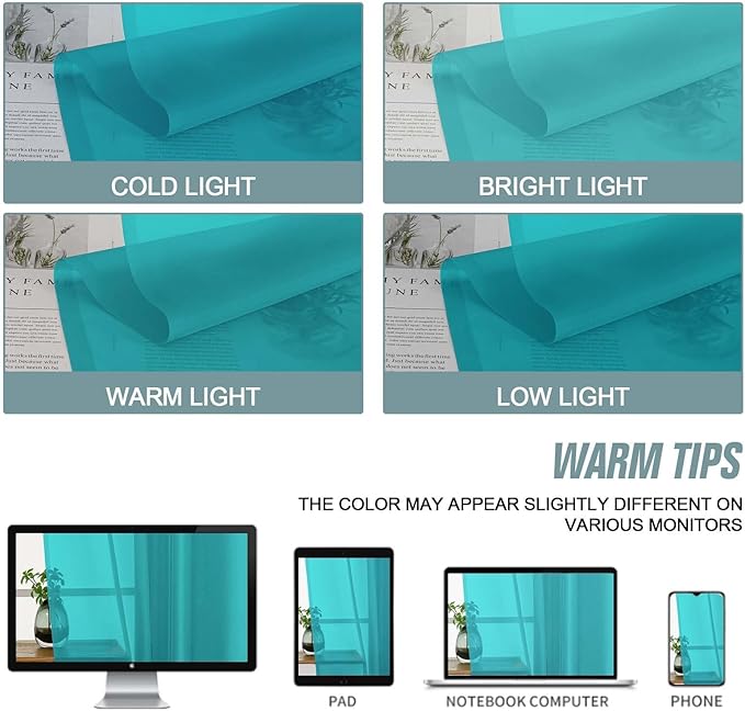 Turquoise Sheer Curtains for Window 96 Inches Long 2 Panels, Soft Airy Light Filtering Voile Sheer Curtains for Living Room Bedroom, Dual Rod Pocket Elegant Window Drapes, 2x42Wx96L Inches