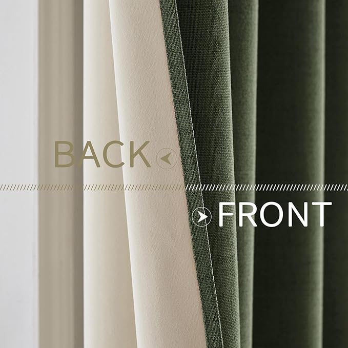 MIULEE 100% Blackout Linen Textured Curtains for Bedroom Solid Thermal Insulated Olive Green Grommet Room Darkening Curtains & Drapes Luxury Decor for Living Room Nursery 52 x 120 Inch (2 Panels)