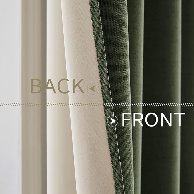 MIULEE 100% Blackout Linen Textured Curtains for Bedroom Solid Thermal Insulated Olive Green Grommet Room Darkening Curtains & Drapes Luxury Decor for Living Room Nursery 52 x 90 Inch (2 Panels)