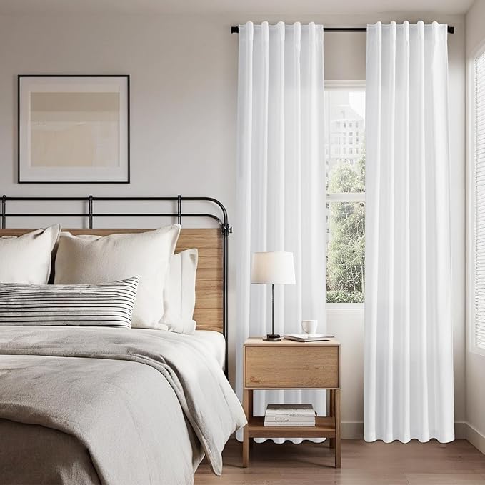Nanspring White Farmhouse Decor Curtains 63 Inch Length for Living Room Linen Blend Light Filtering Curtains Back Tab and Rod Pocket Textured Curtain for Bedroom 34 X 63, 2 Panels