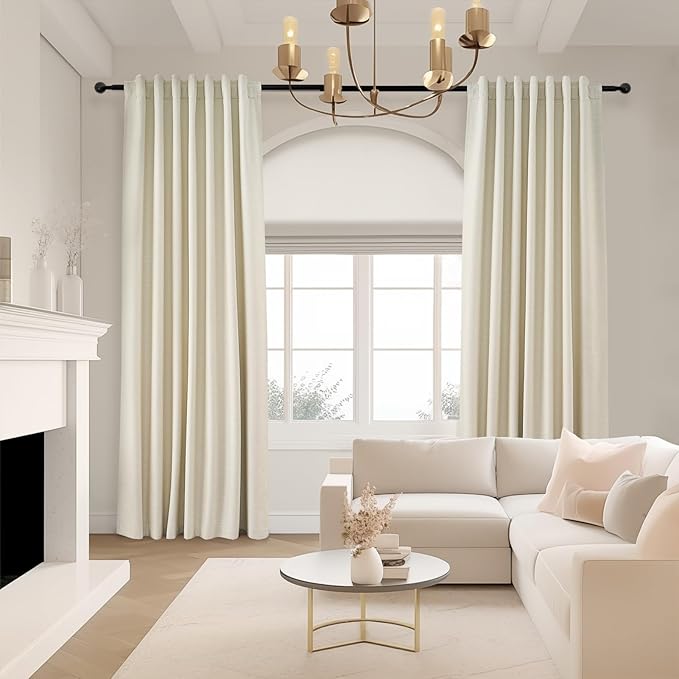 95 Inches Length Cream Colored Custom Blackout Linen Curtains Ivory Cream Pinch Pleated Noise Cancelling Curtains with Pin Hooks for Traverse Burlap Viral Drapes 2 Panels for Living Room Bedroom
