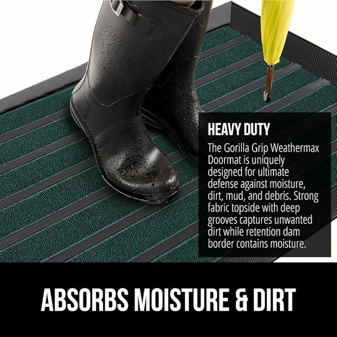 GORILLA GRIP 100% Waterproof All-Season WeatherMAX Doormat US Designed Natural Rubber, Stain and Fade Resistant, Low Profile Indoor Outdoor Door Mats, Easy Clean Patio Mat, 29x17, Green Stripe