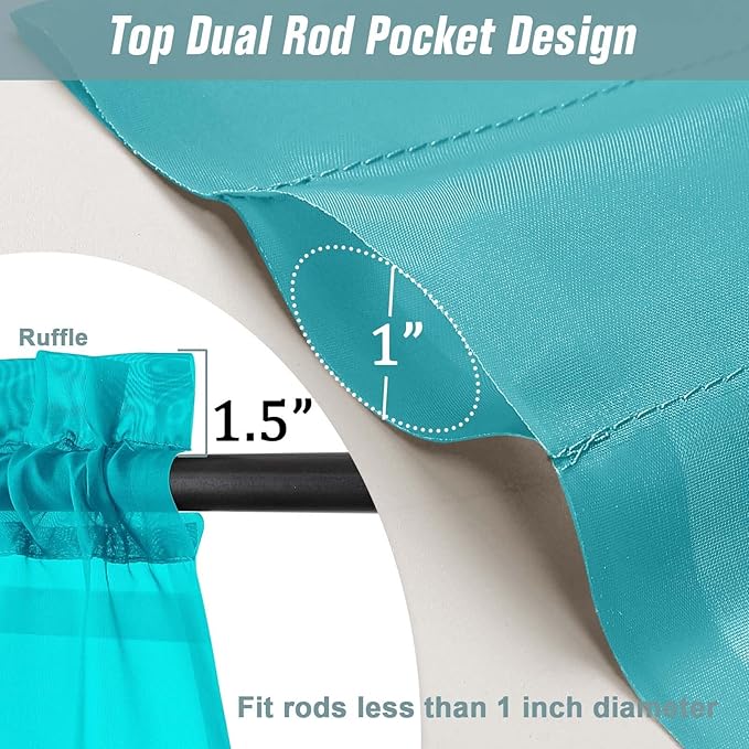 Turquoise Window Sheer Curtains 45 Inches Length, Voile Short Curtains for Living Room Bedroom, Modern Soft Window Drapes 2 Panels Set, Top Dual Rod Pocket Design, 2x42Wx45L Inches