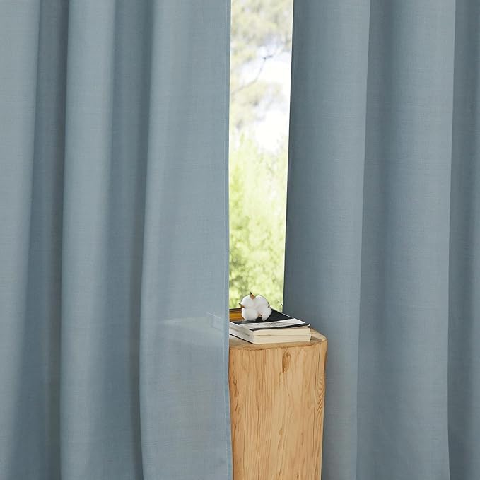 NICETOWN Linen Curtains 96 inches Long for Living Room, Grommet Semi Sheer Drapes Linen Weave Window Treatments Privacy Added with Light Filtering for Bedroom, Stone Blue, W34 x L96, 2 Panels
