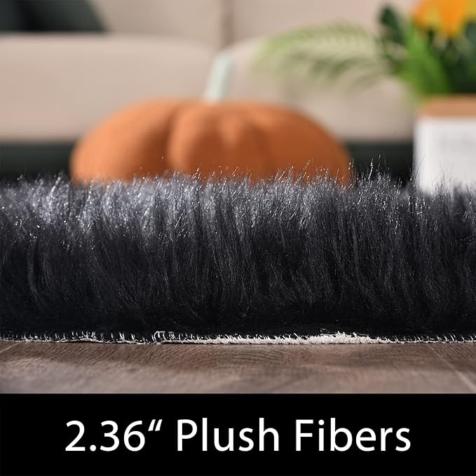 Latepis Black Rugs for Bedroom 3x5 Throw Rug Shag Washable Faux Fur Sheepskin Rug for Living Room Floor Plush Soft Rugs Cute Room Decor Rectangle