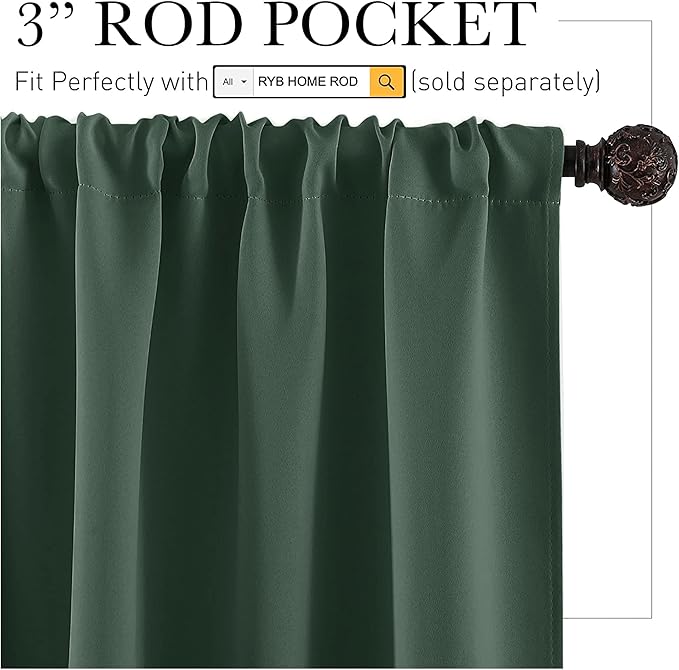 RYB HOME Cafe Blackout Curtains 24 inch Length, RV Curtains for Camper Windows, Mini Short Small Insulating Light UV Blocking Privacy Half Window Tiers, Width 29 by Length 24, Dark Green, 2 Panels