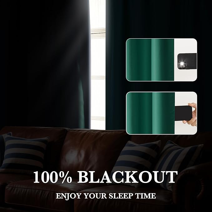 RYB HOME 100% Blackout Short Curtains for Small Window, Thermal Insulated Total Room Darkening Noise Reducing Curtains for Kitchen Bathroom Basement, 42 inches Wide by 48 inches Long, Dark Green