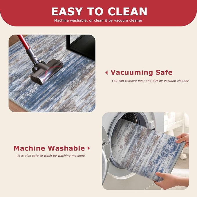 KOZYFLY Modern Abstract Washable Rug Runner 2.6x12 Hallway Rug Runner Non-Slip Soft Kitchen Runner Rugs, Blue Rust Striped Carpet for Entryway Bathroom Laundry Room Foyer