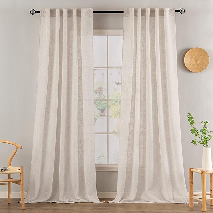 MIULEE Natural White Linen Curtains 102 Inch Length 2 Panels for Bedroom Living Room, Soft Thick Linen Textured Window Drapes Semi Sheer Light Filtering Back Tab Rod Pocket Burlap Look Decor