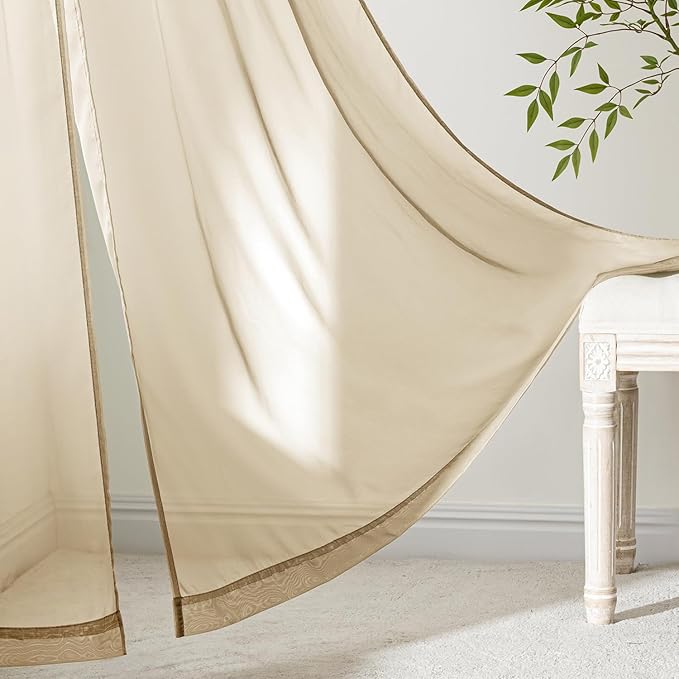 MIULEE Beige Sheer Curtains 90 Inches Long, 4 Panels Set, Rod Pocket Voile Drapes Light Filtering and Semi Transparent, Elegant Window Treatments for Bedroom Living Room,42 x 90 Inches