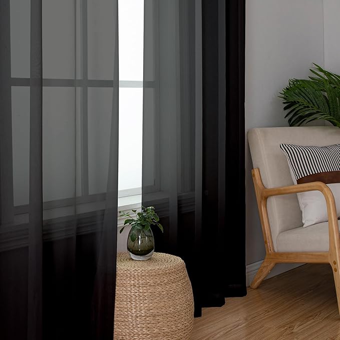 Simplebrand Black Sheer Curtains 84 Inches Long, Light Filtering Rod Pocket Solid Color Window Sheer Curtain Panels, Elegant Curtains & Drapes for Living Room, Bedroom 2 Panels (Black, 59" W x 84" L)