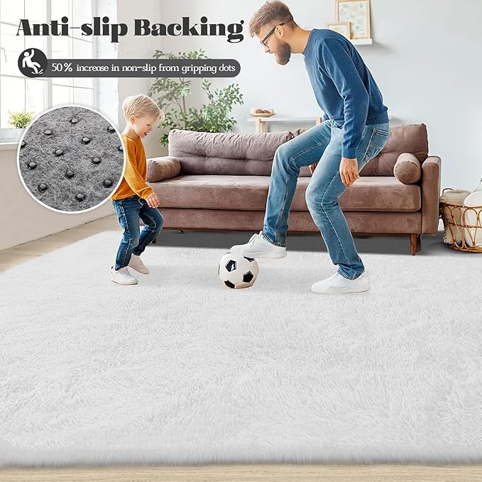 2x6 Runner Rug for Bedroom: Fluffy Shag Soft Washable Rugs Small Fuzzy Plush Indoor Carpet for Hallway Bedside Dorm Kids Girls Boys Room (White, 2'x6')