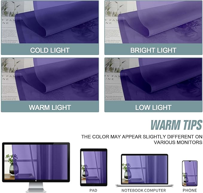 Purple Window Sheer Curtains 45 Inches Length, Voile Short Curtains for Living Room Bedroom, Modern Soft Window Drapes 2 Panels Set, Top Dual Rod Pocket Design, 2x42Wx45L Inches