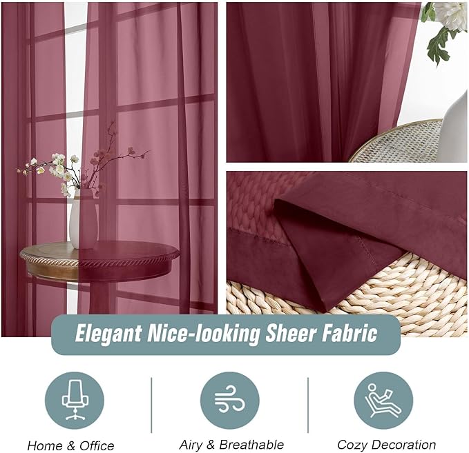 Extra Wide Sheer Curtains 90 Inches Long 2 Panels, Light Filtering Lightweight Solid Sheer Curtains for Bedroom Living Room, Christmas Window Sheer Drapes, Dual Rod Pocket, Burgundy, 2x59Wx90L