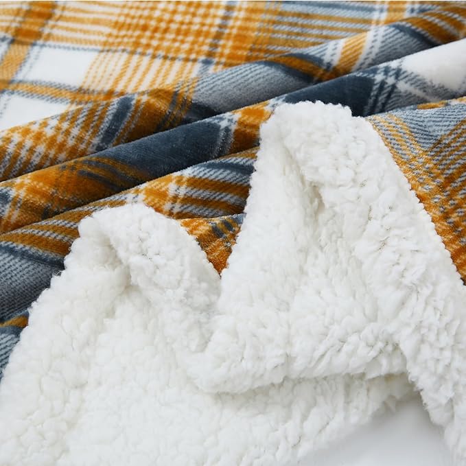 PU MEI Sherpa Blanket Queen Plaid Thick Bed Blanket, 80”*90” Super Soft Flannel Fuzzy Fleece Reversible Velvet Plush Warm Blanket for Couch (Blue Yellow Check)