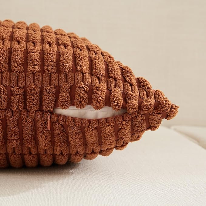 Fancy Homi 4 Packs Rust Decorative Throw Pillow Covers 16x16 Inch for Living Room Couch Bed Sofa, Terracotta Rustic Farmhouse Boho Home Decor, Soft Plush Striped Corduroy Square Cushion Case 40x40 cm