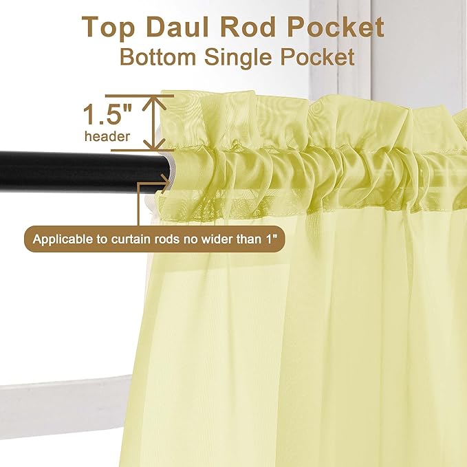 Chyhomenyc Sheer Curtains 36 inch Length 2 Panels Set, Light Filtering Voile Rod Pocket Short Window Curtians for Bathroom Living Room Farmhouse Small Windows, Each 42Wx36L in, 2PCS, Lemon