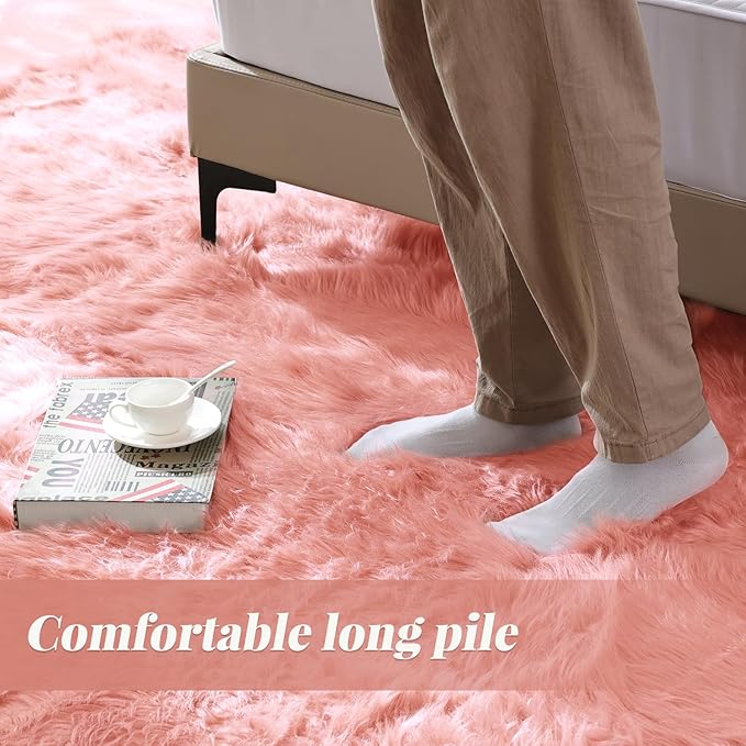ORINOVA Pink Shag Faux Sheepskin Washable Fur Rug for Living Room Bedroom Furry Area Rug 4x6 Rectangle Rug Nursery Decor Girl