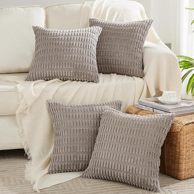 Fancy Homi 4 Packs Grey Decorative Throw Pillow Covers 22x22 Inch for Living Room Couch Bed, Rustic Modern Farmhouse Boho Home Decor, Soft Plush Corduroy Gray Cute Square Accent Cushion Case 55x55 cm