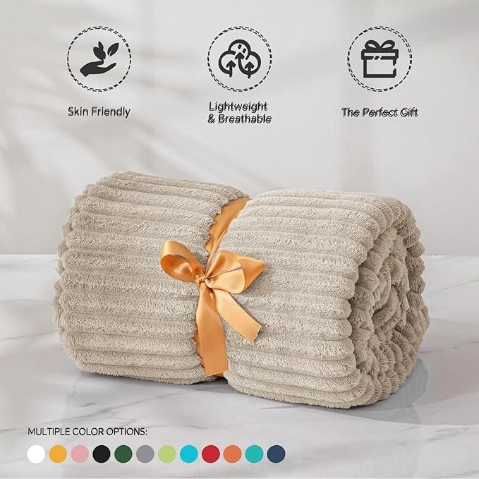 BEDELITE Fleece Blanket King Size – 3D Ribbed Jacquard Soft and Warm Decorative Fuzzy Blankets – Cozy, Fluffy, Plush Lightweight Throw Blankets for Couch, Bed, Sofa(Linen, 108x90 inches)