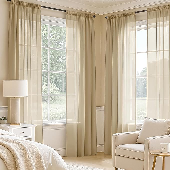 MIULEE Beige Sheer Curtains 96 Inches Long, 4 Panels Set, Rod Pocket Voile Drapes Light Filtering and Semi Transparent, Elegant Window Treatments for Bedroom Living Room,54 x 96 Inches