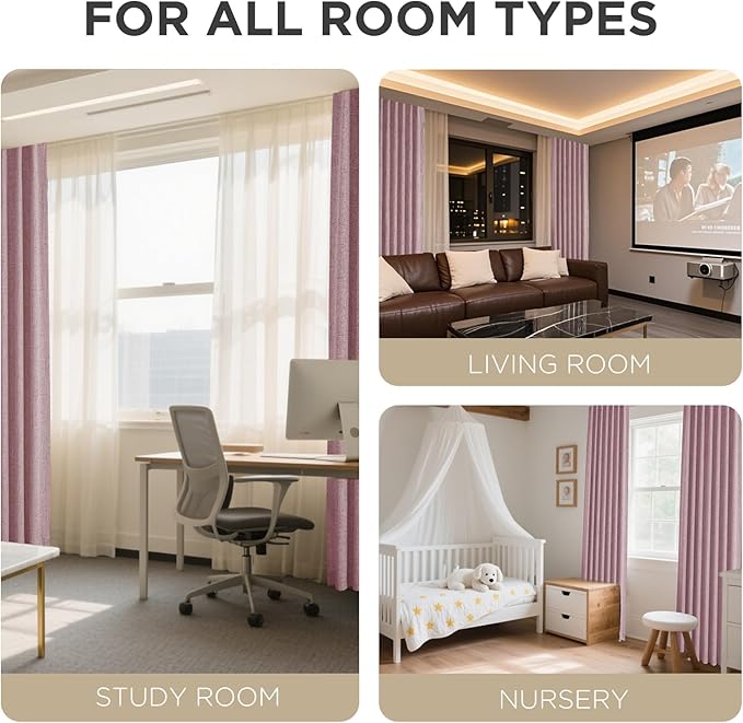 Joydeco Blackout Curtains for Bedroom - 100% Light Blocking 2 Panels Set Pink Drapes 66" W x 90" L, Thermal Insulated Room Darkening Curtains, Linen Textured for Living Room, Rod Pocket & Back Tabs