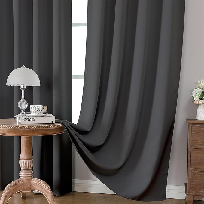 CUCRAF Dark Grey Blackout Curtains 96 inch Length 2 Panels Set, Rod Pocket Room Darkening Drapes for Bedroom Living Room, Insulated Thermal Light Blocking Window Curtain (W52 x L96 Inch)