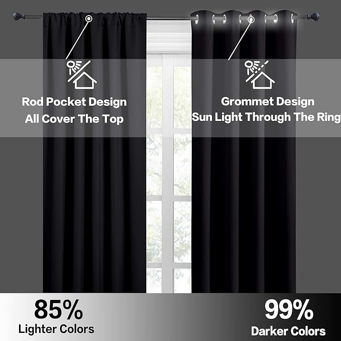 RYB HOME Short Blackout Curtains for Bedroom, Black Room Darkening Insulated Summer Heat Light UV Blocking Energy Saving Drapes for Nursery, Width 42 by Length 48, Black, Set of 2