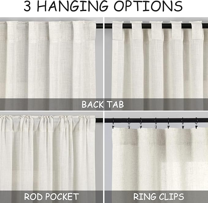 Nanspring 45 Inch Short Window Linen Curtains,Kitchen Window Curtains Over Sink Light Filtering Back Tab and Rod Pocket Neutral Drapes for Cafe/Bathroom/Loft Room Natural, 2 Panels 34 x 45 Inch