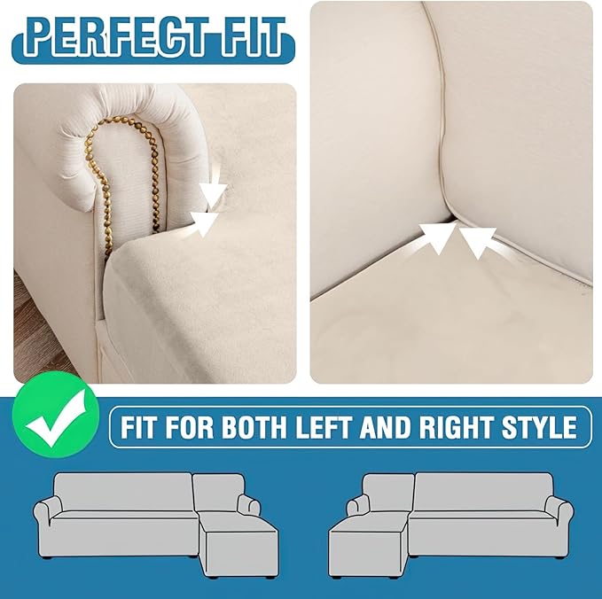 Couch Cover 4-Piece Elastic Velvet Couch Cushion Covers & Chaise Slipcovers for L-Shaped Sofas - Sofa Seat Covers Washable, Soft Protector for Couches (3 Seater + Chaise, Cream)
