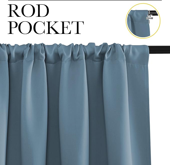 NICETOWN Kitchen Curtains, Short Blackout Drapes, Smoky Blue, 34" Wide by 54" Long, 2 PCs, Thermal Insulated Blackout Curtain Panels for Kids Room, Play Room