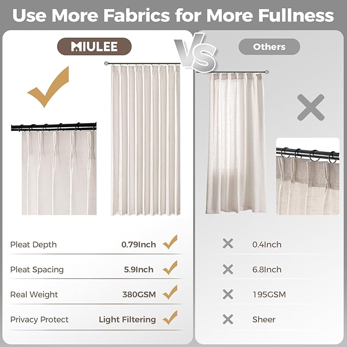 MIULEE Extra Wide 60 Inch Width Pinch Pleated Thick Linen Curtains 90 Inches Long 2 Panels for Patio Sliding Glass Door Living Room Bedroom Large Windows, Memory Trained Nautral Drapes Hooks&Rings