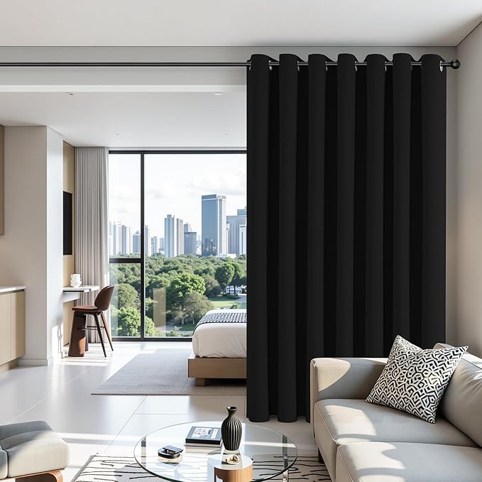 Joydeco Blackout Patio Sliding Door Curtains 108 Inches Long, Grommet Privacy Room Divider Curtains, Extra Wide Thermal Blackout Drapes for Bedroom Living Room (Black, 70Wx108L, 1 Panel)